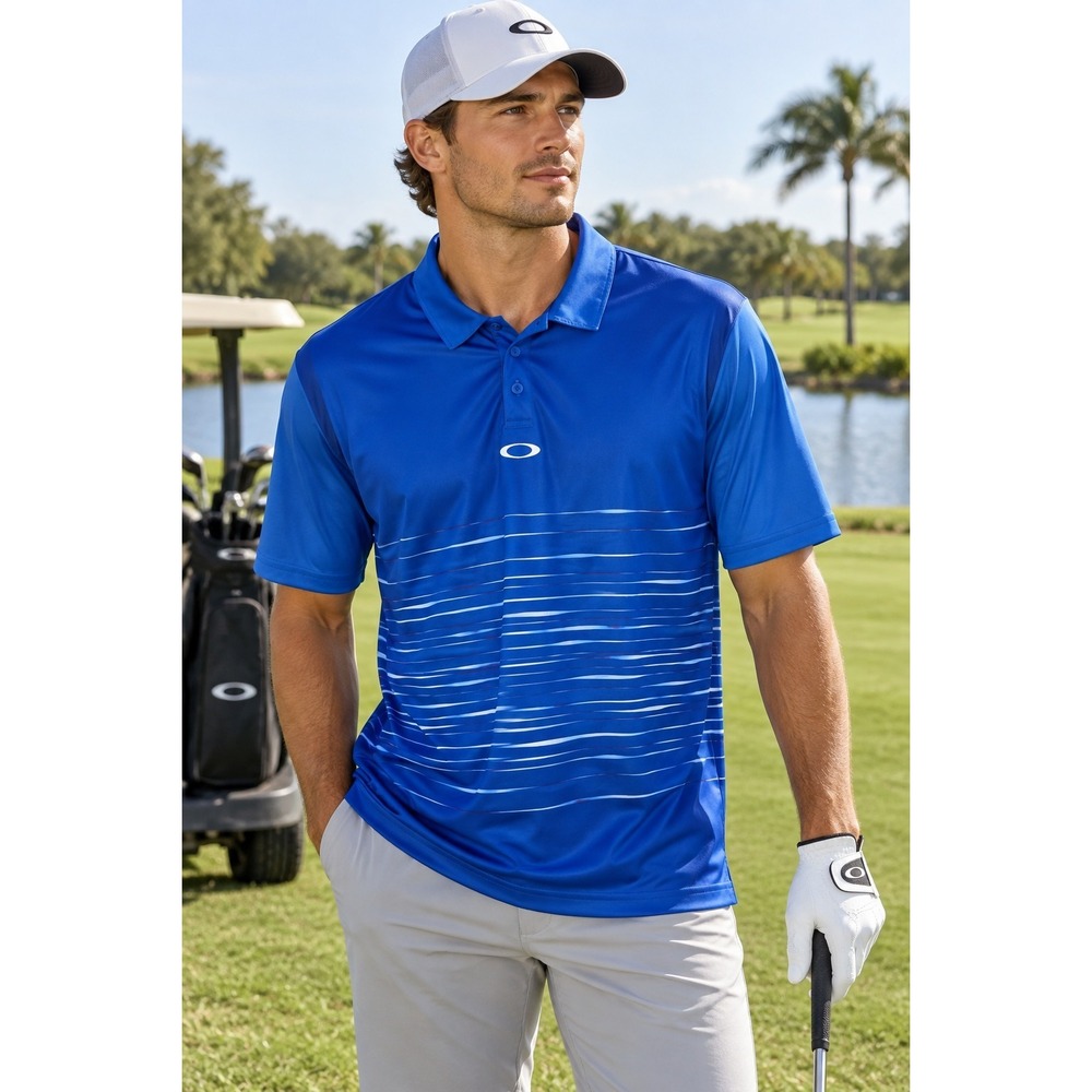 Oakley Hydrolix Polo Shirt Mens L Blue Striped Golf Performance Regular Fit 3739
